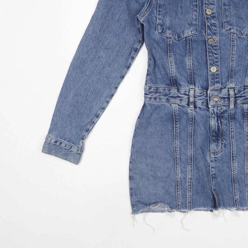 Zara Women Blue Denim Shirt Dress S Belted Long Sleeve Mini