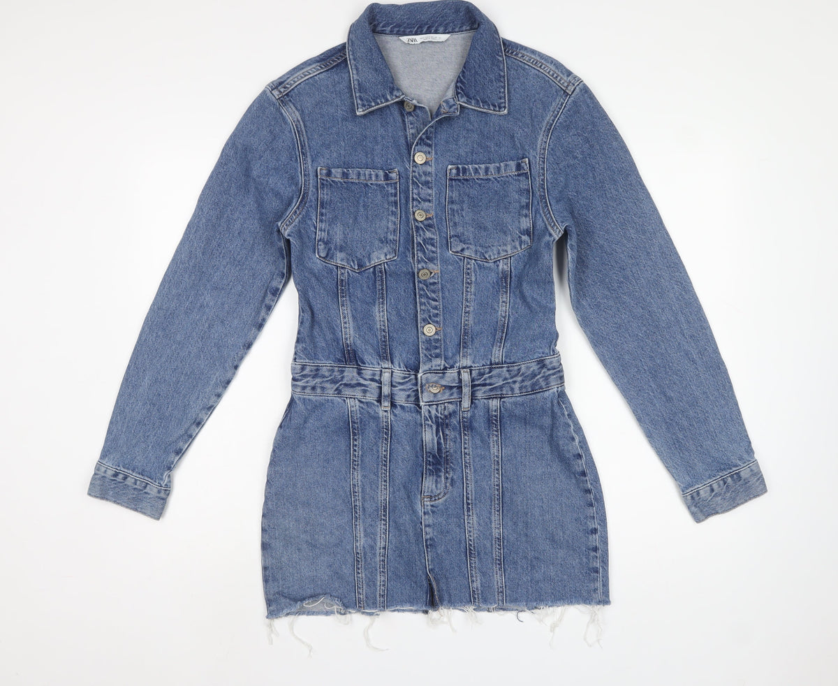 Zara Women Blue Denim Shirt Dress S Belted Long Sleeve Mini