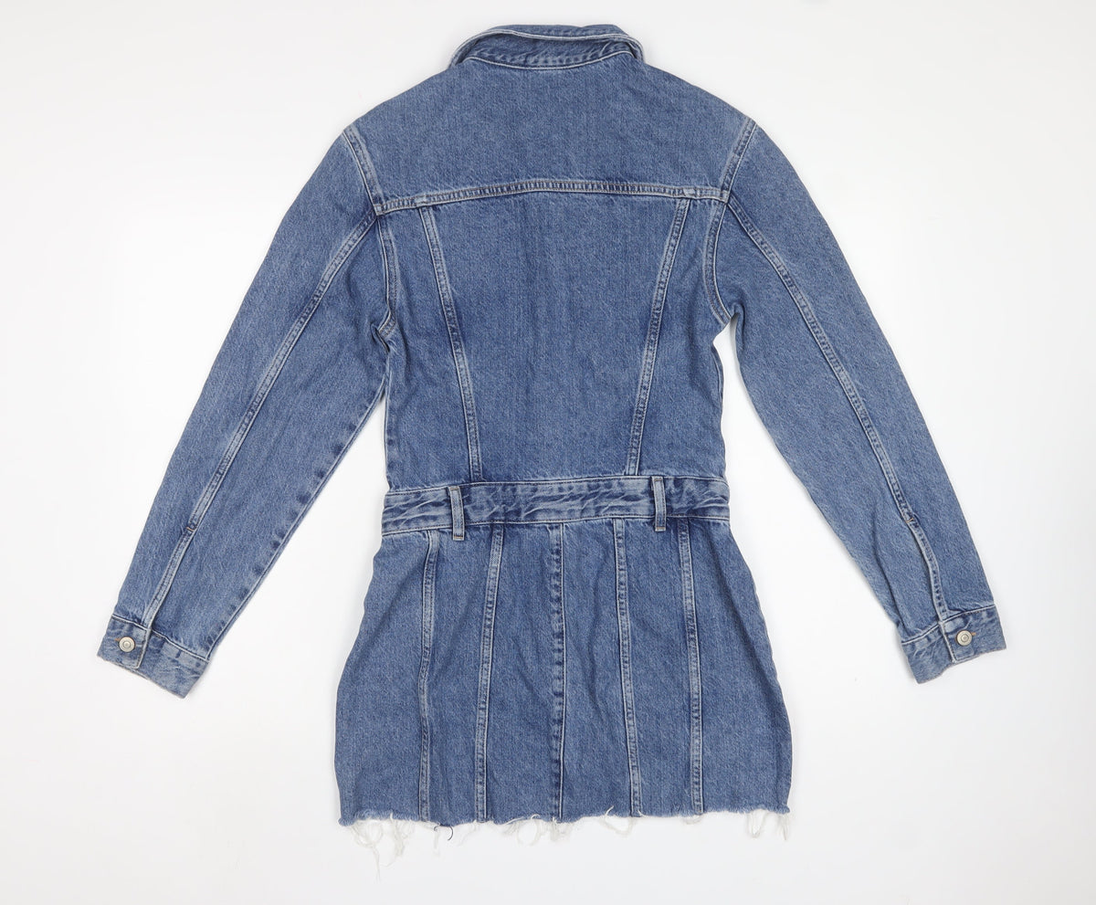Zara Women Blue Denim Shirt Dress S Belted Long Sleeve Mini