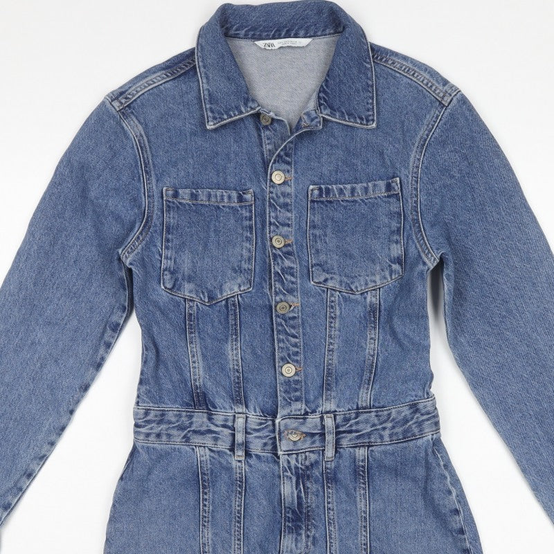 Zara Women Blue Denim Shirt Dress S Belted Long Sleeve Mini