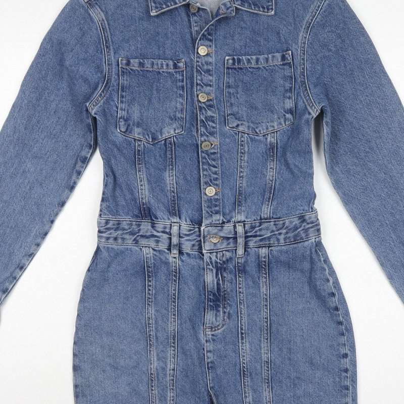 Zara Women Blue Denim Shirt Dress S Belted Long Sleeve Mini