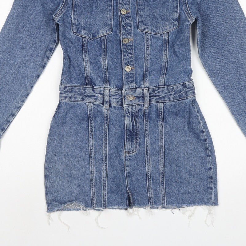 Zara Women Blue Denim Shirt Dress S Belted Long Sleeve Mini