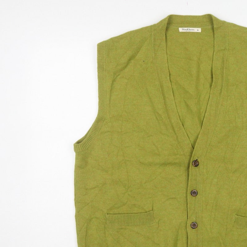 WoolOvers Men’s Green XL Pure Wool Button V-Neck Cardigan Vest