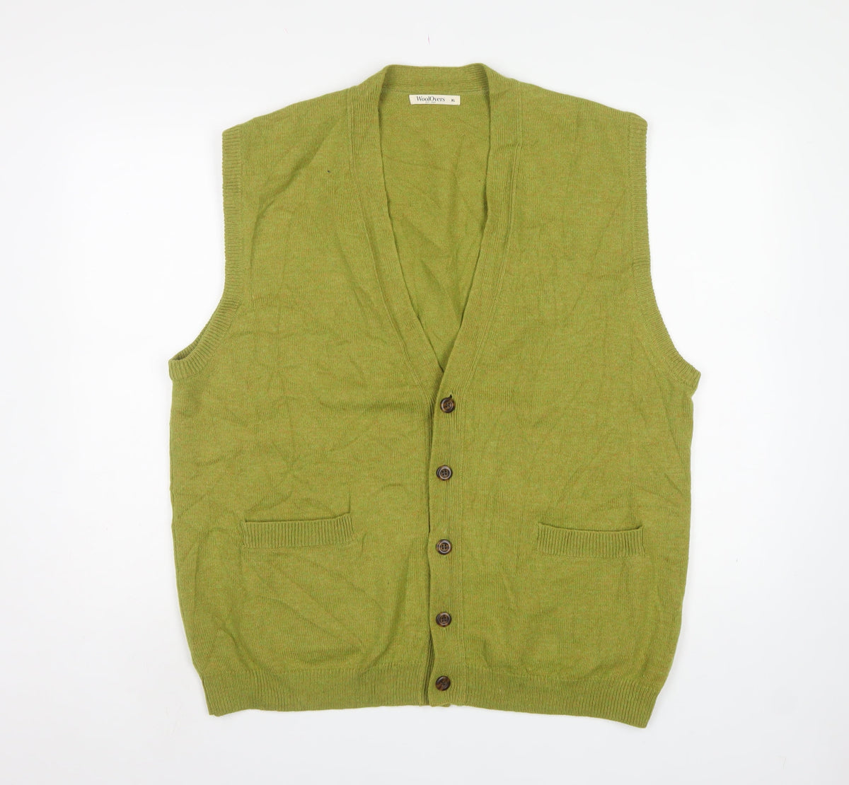 WoolOvers Men’s Green XL Pure Wool Button V-Neck Cardigan Vest