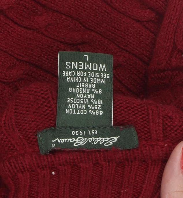 Eddie Bauer Women Red L Cable Knit Angora Blend Roll Neck Jumper