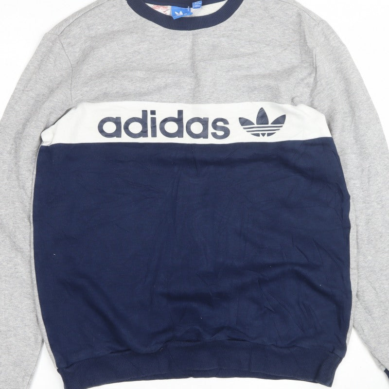 adidas Boys Grey Navy Logo Colourblock Sweatshirt 15-16 Years Pullover