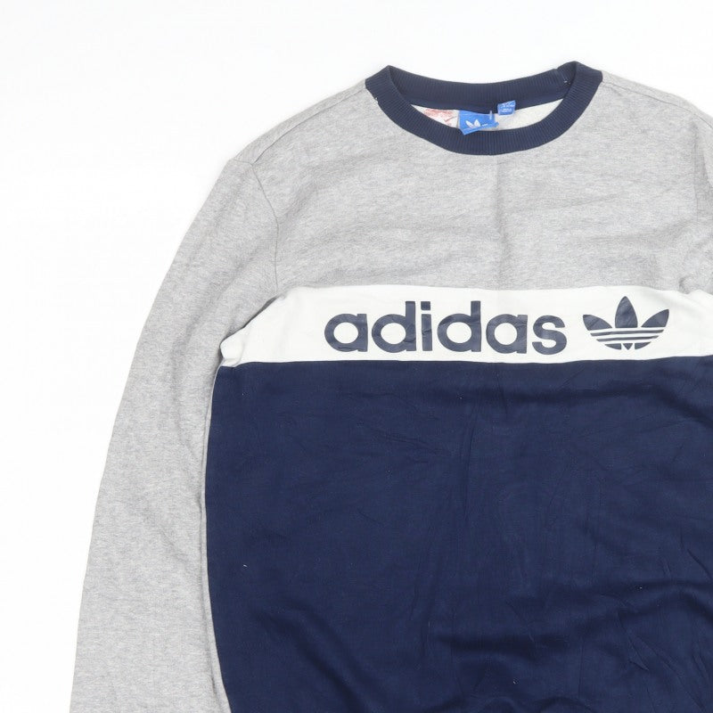adidas Boys Grey Navy Logo Colourblock Sweatshirt 15-16 Years Pullover