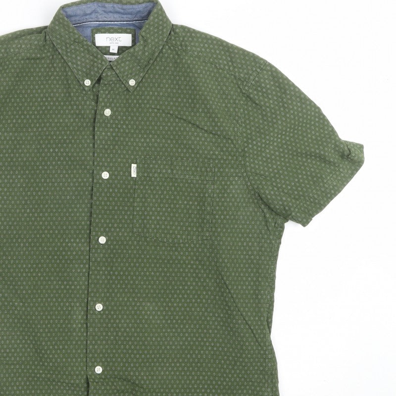 Next Men Green M Regular Fit Geometric Button-Down Short Sleeve Shirt
