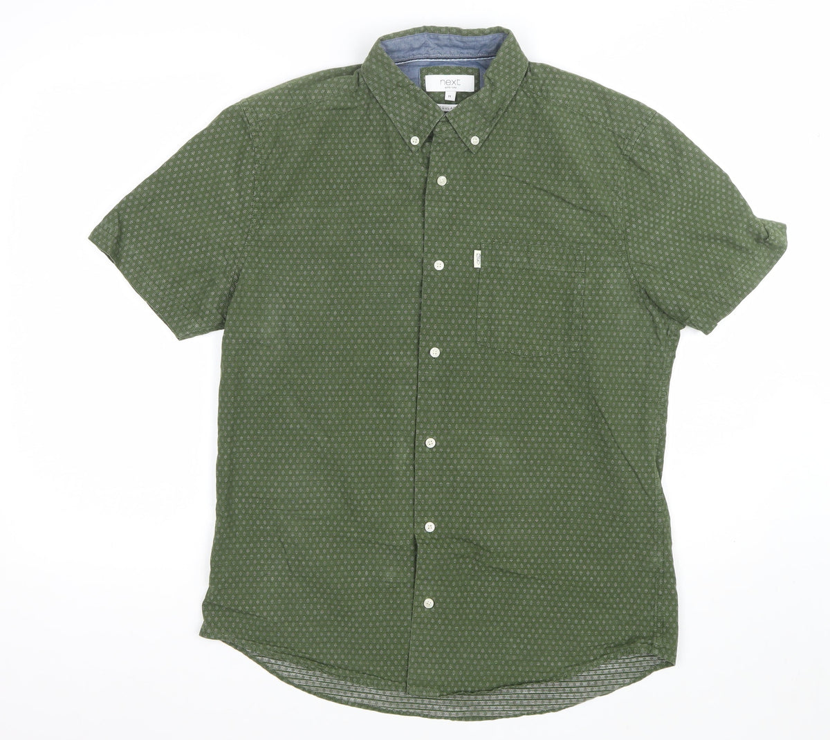 Next Men Green M Regular Fit Geometric Button-Down Short Sleeve Shirt