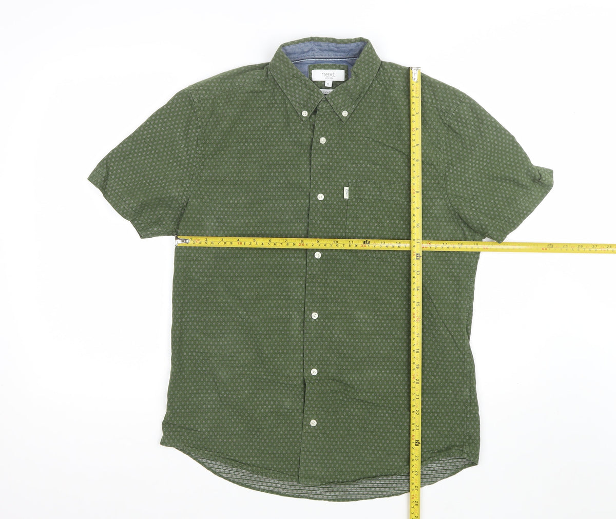 Next Men Green M Regular Fit Geometric Button-Down Short Sleeve Shirt