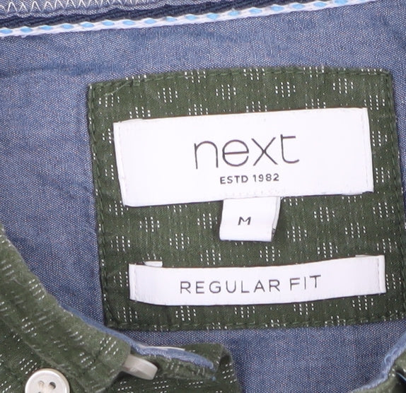 Next Men Green M Regular Fit Geometric Button-Down Short Sleeve Shirt
