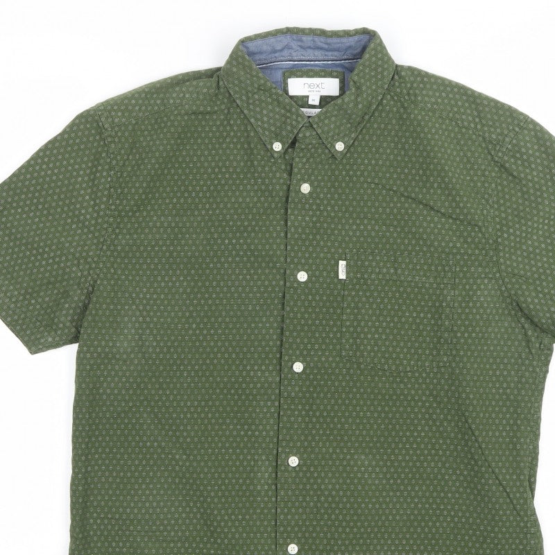 Next Men Green M Regular Fit Geometric Button-Down Short Sleeve Shirt