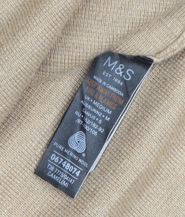 Marks and Spencer Women Beige M Pure Merino Wool Roll Neck Jumper