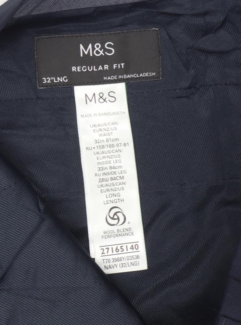 Marks & Spencer Men’s Navy 32L Regular Fit Wool Blend Dress Trousers