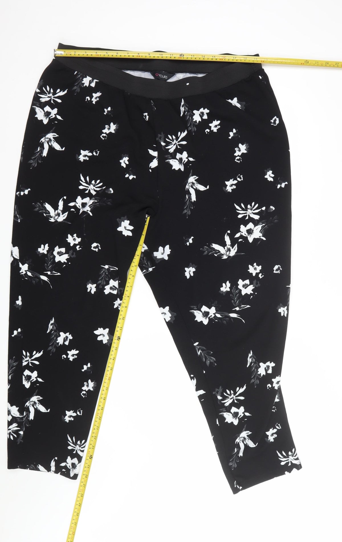 Yours Women’s Black Floral Cropped Trousers UK 24 Elasticated Stretch