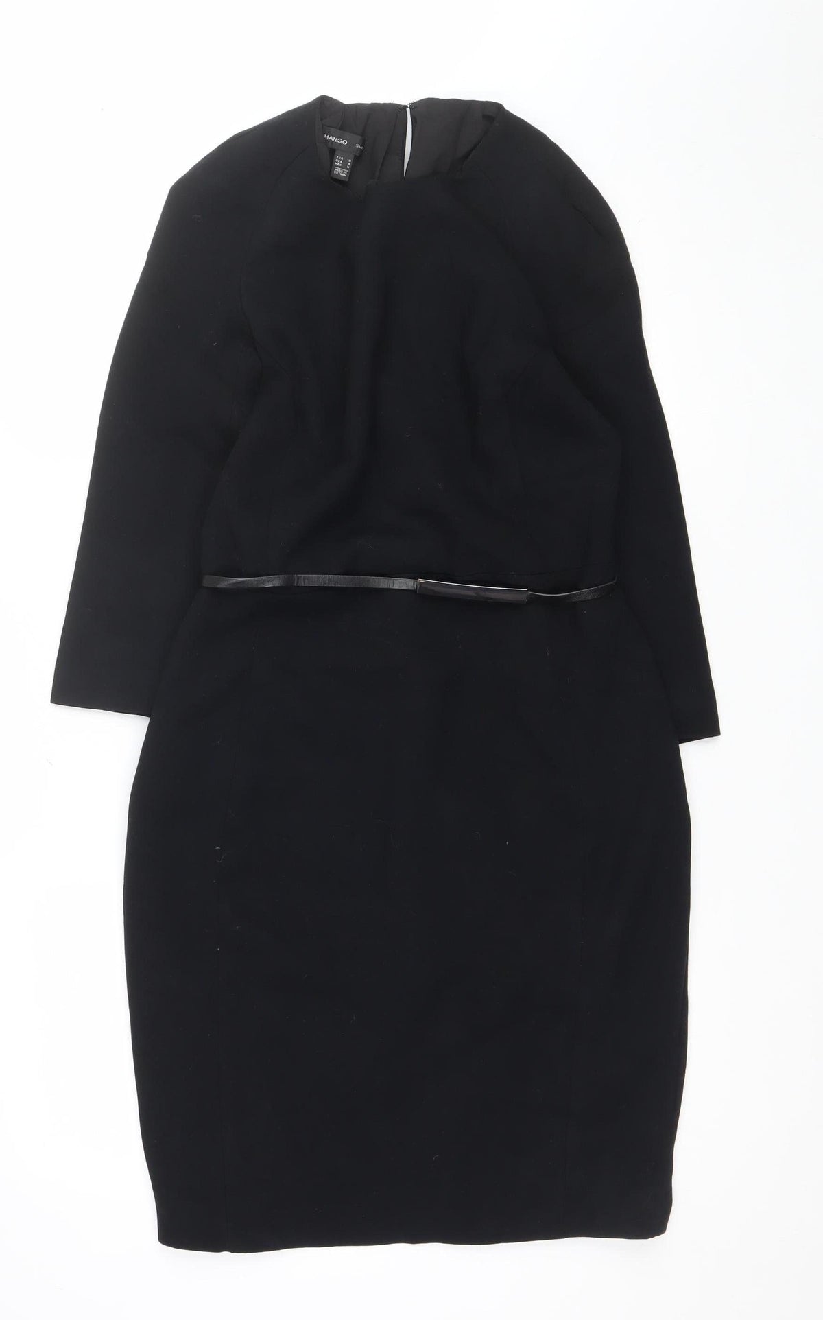 Mango Women Black M Sheath Knee Length Belted V-Neck Dress