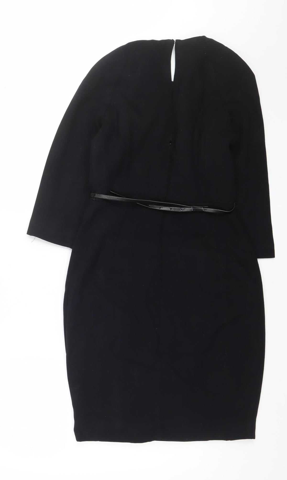 Mango Women Black M Sheath Knee Length Belted V-Neck Dress