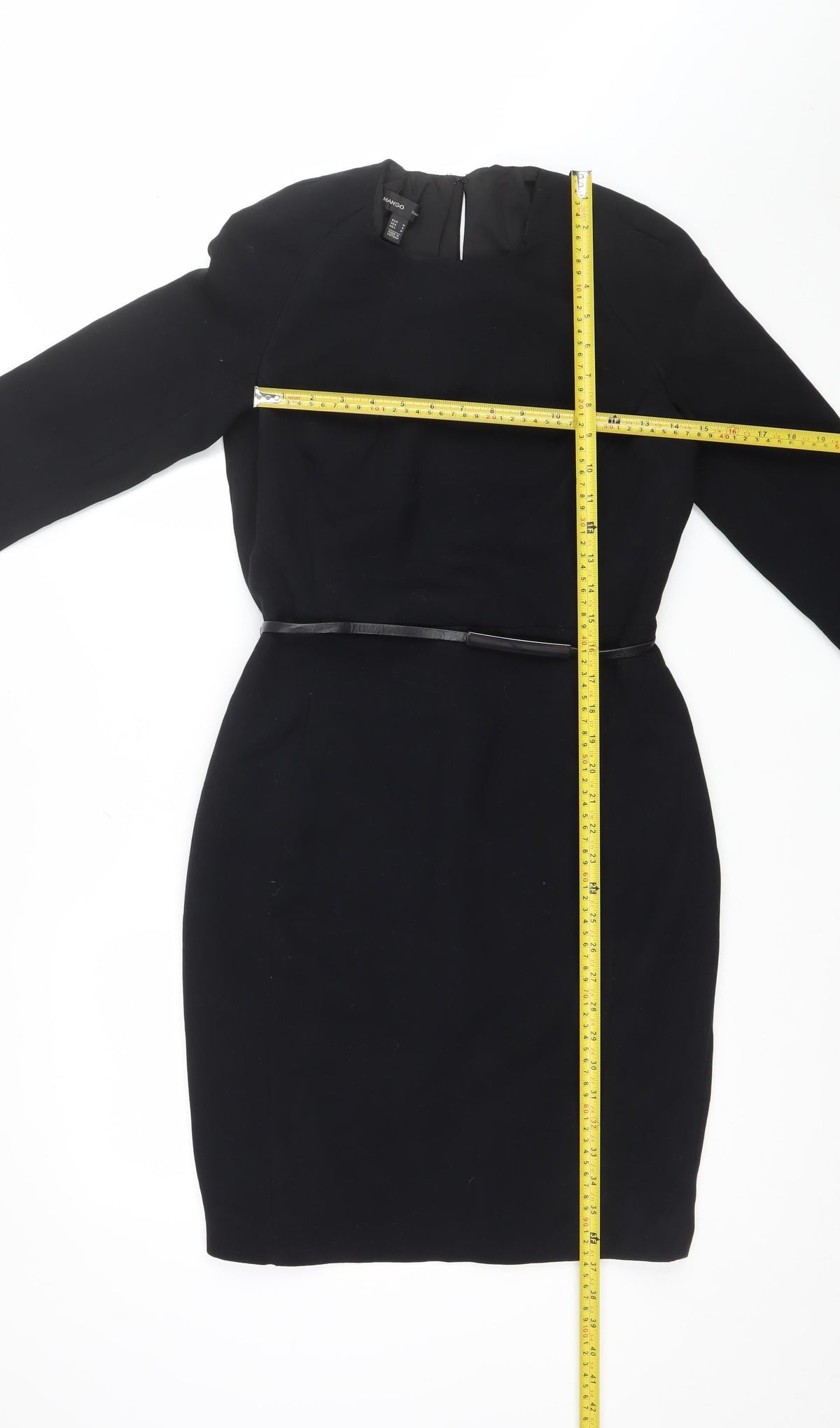 Mango Women Black M Sheath Knee Length Belted V-Neck Dress
