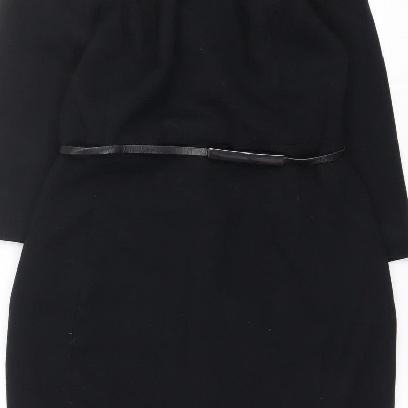 Mango Women Black M Sheath Knee Length Belted V-Neck Dress