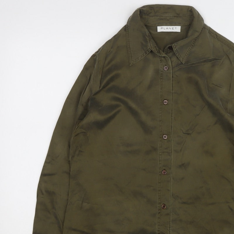 Planet Women Green UK 10 100% Silk Long Sleeve Button-Up Shirt