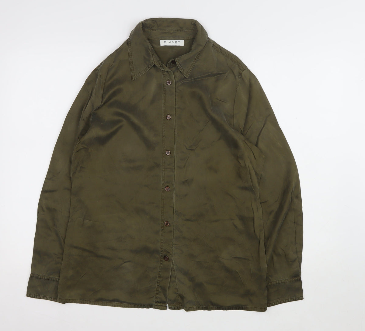 Planet Women Green UK 10 100% Silk Long Sleeve Button-Up Shirt