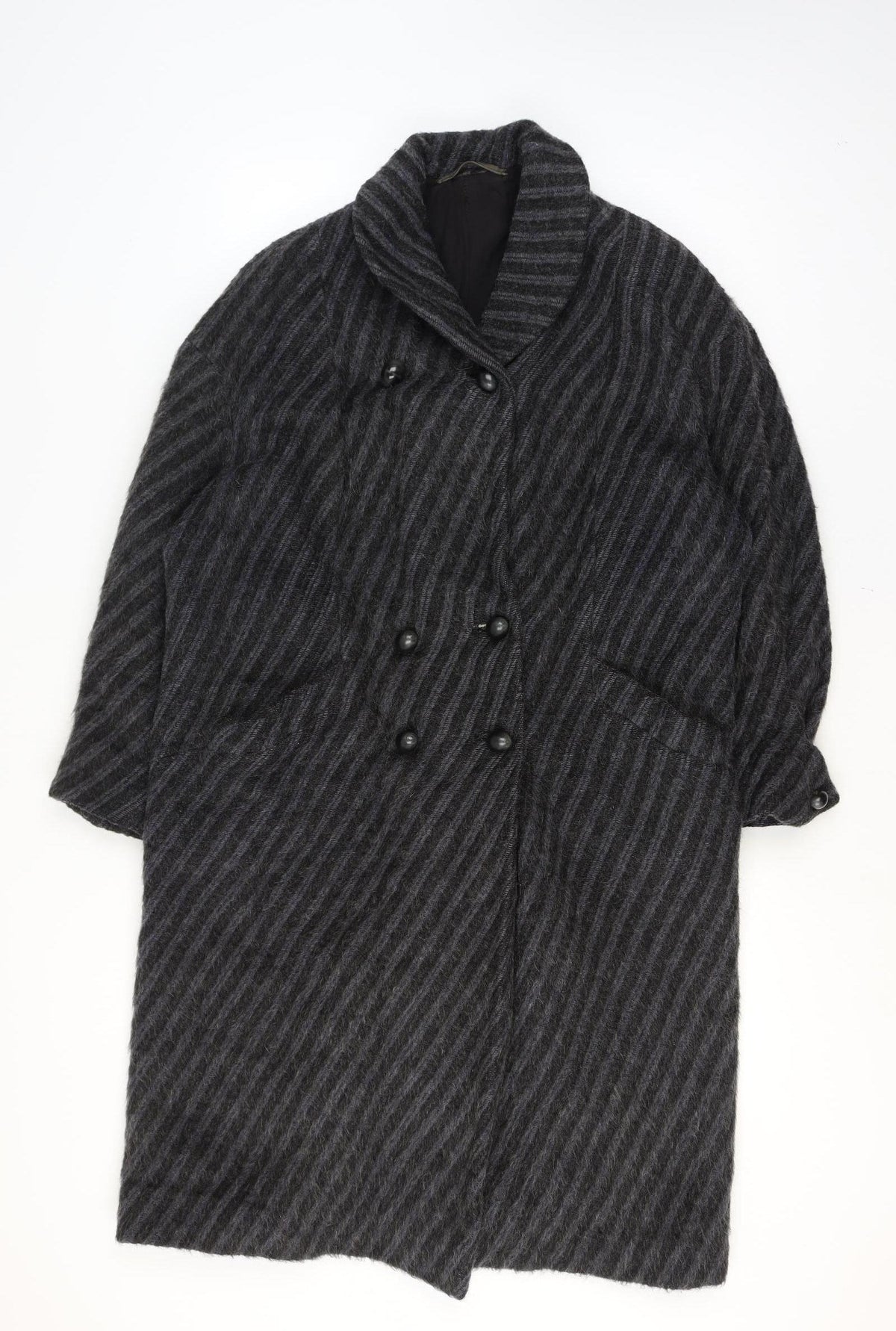 Ratti Donna Women’s Black Wool Stripe Long Pea Coat Double Breasted