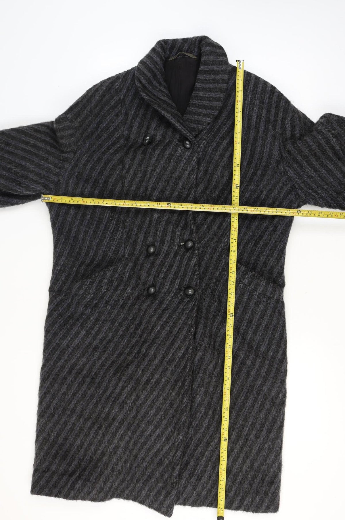 Ratti Donna Women’s Black Wool Stripe Long Pea Coat Double Breasted