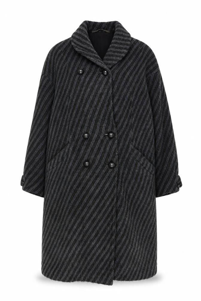 Ratti Donna Women’s Black Wool Stripe Long Pea Coat Double Breasted