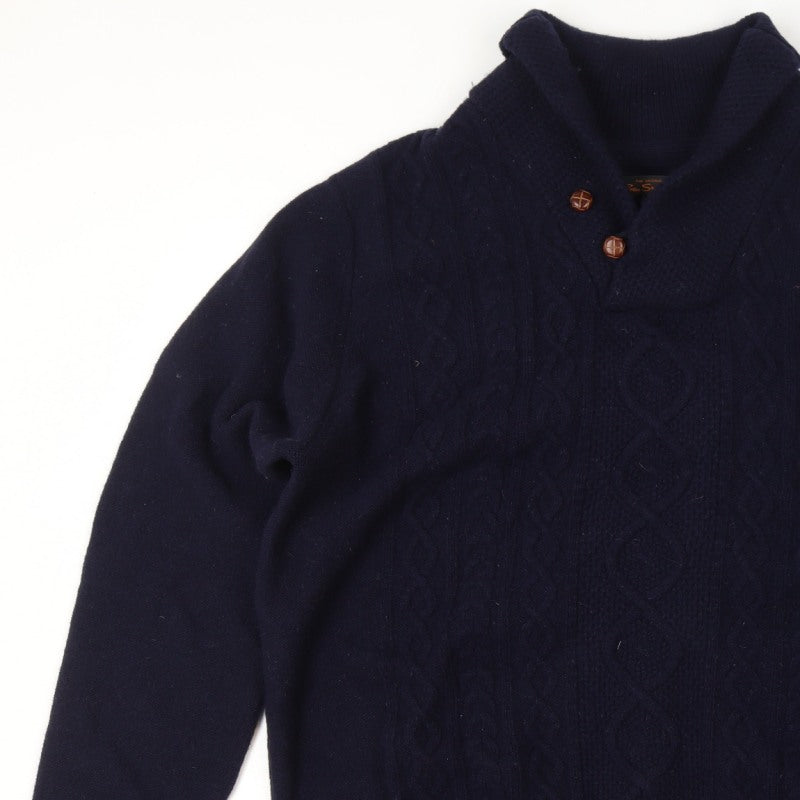 Ben Sherman Men's Navy 2XL Cable Knit Wool Henley Jumper Shawl Collar