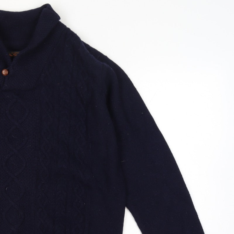 Ben Sherman Men's Navy 2XL Cable Knit Wool Henley Jumper Shawl Collar