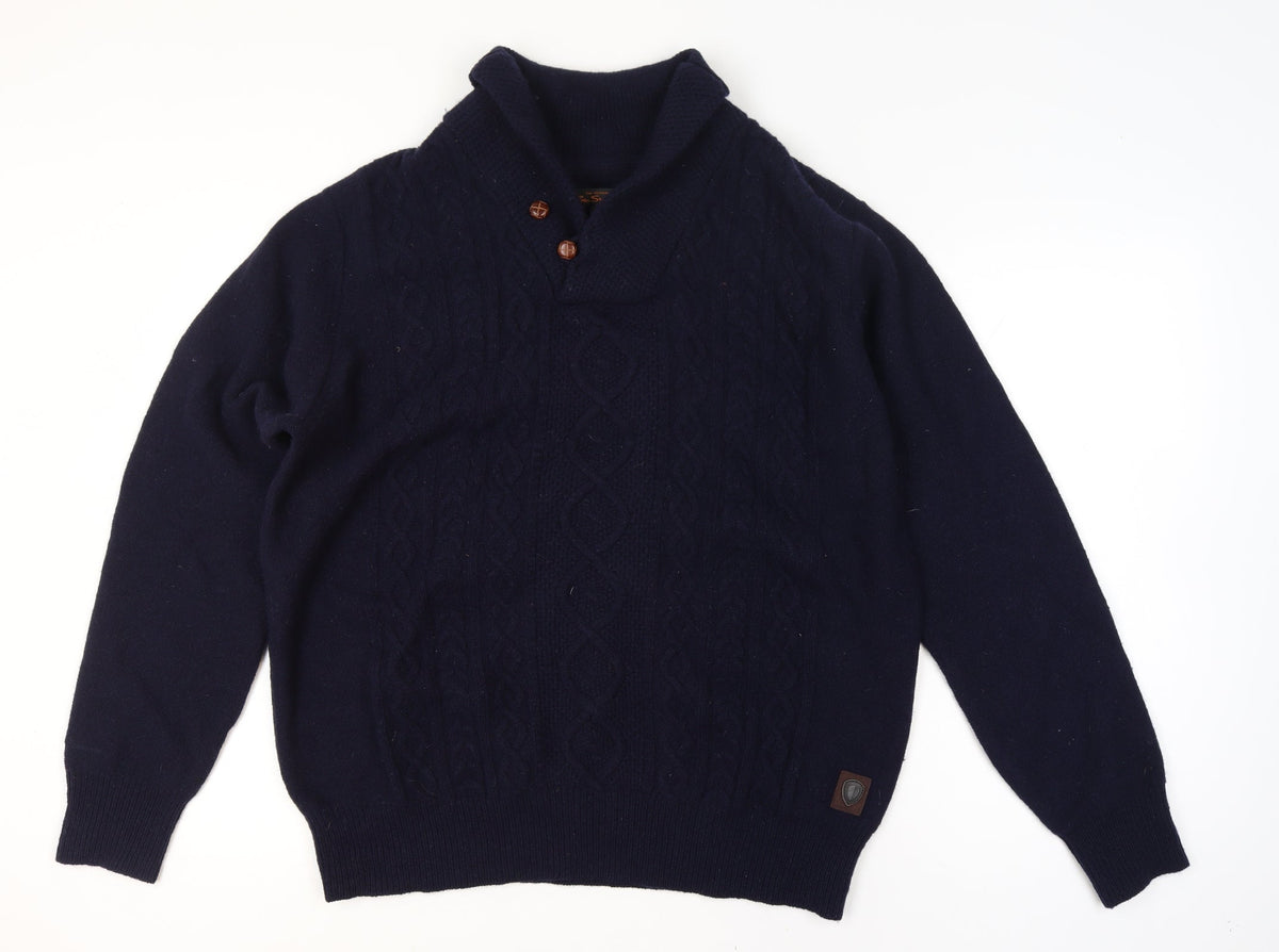 Ben Sherman Men's Navy 2XL Cable Knit Wool Henley Jumper Shawl Collar