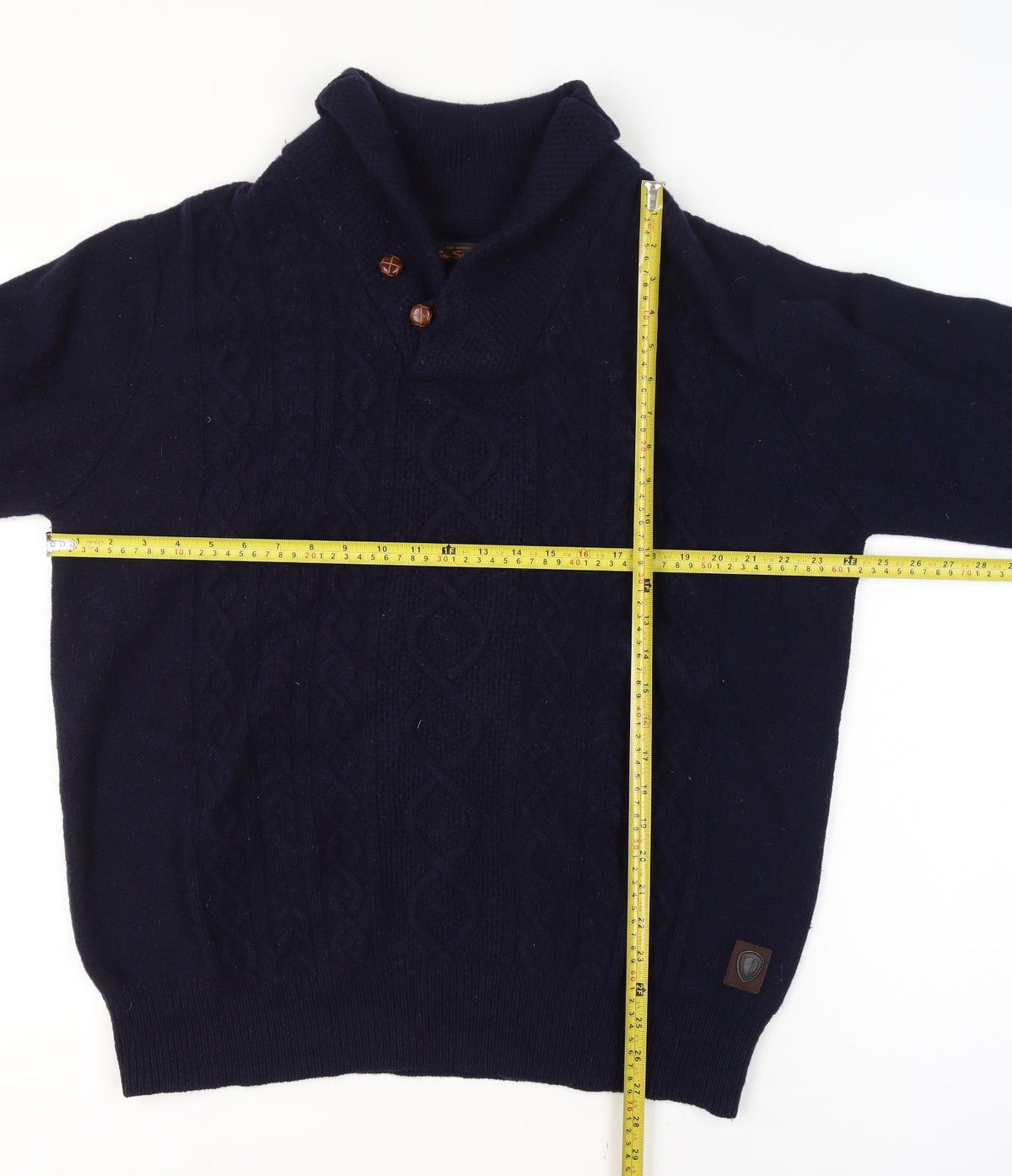 Ben Sherman Men's Navy 2XL Cable Knit Wool Henley Jumper Shawl Collar