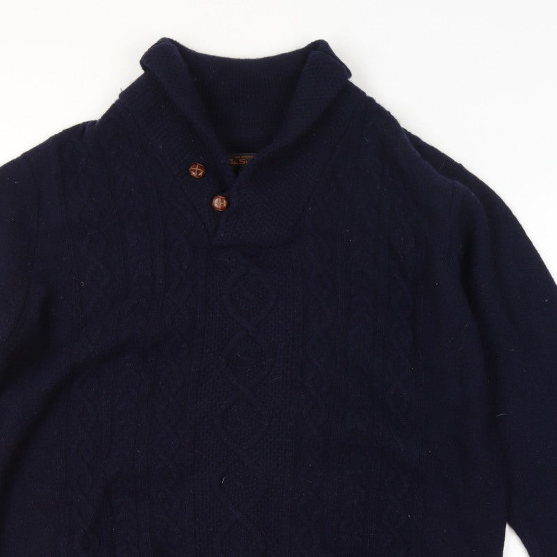 Ben Sherman Men's Navy 2XL Cable Knit Wool Henley Jumper Shawl Collar