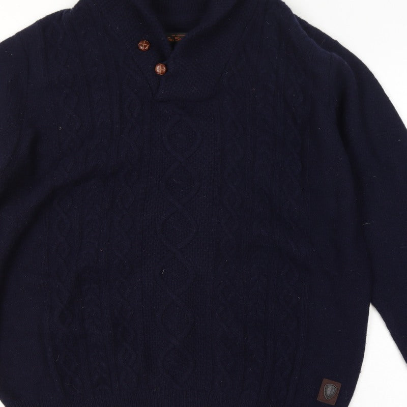 Ben Sherman Men's Navy 2XL Cable Knit Wool Henley Jumper Shawl Collar