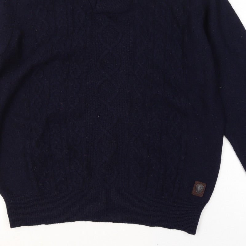 Ben Sherman Men's Navy 2XL Cable Knit Wool Henley Jumper Shawl Collar