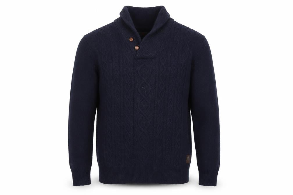 Ben Sherman Men's Navy 2XL Cable Knit Wool Henley Jumper Shawl Collar