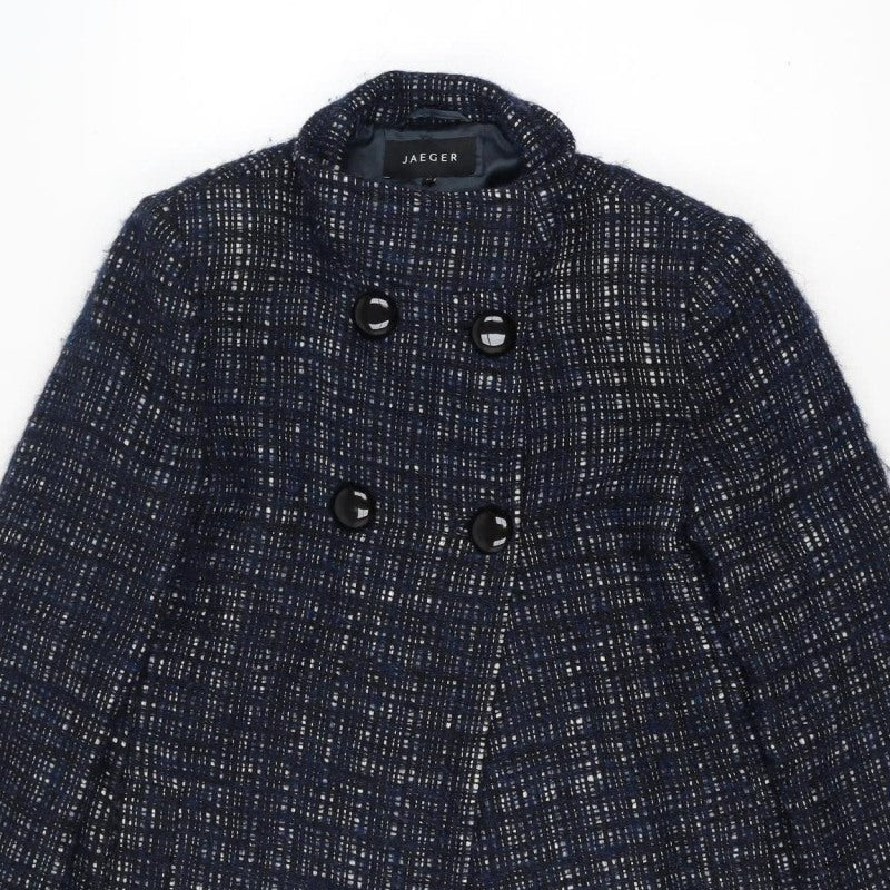 Jaeger Women’s Blue Check Wool Blend Pea Coat UK 12 Lined