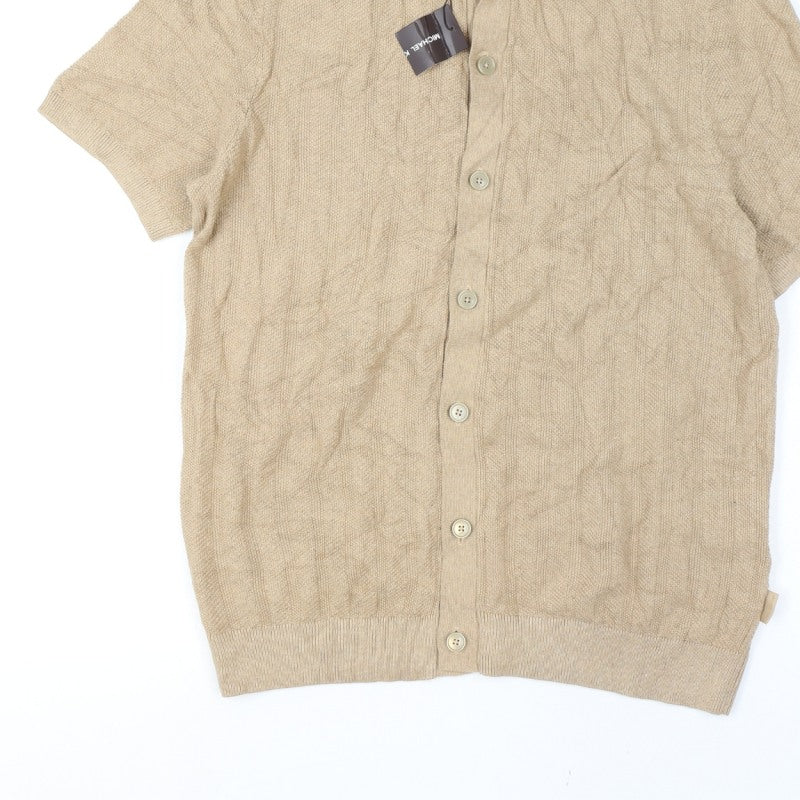 Michael Kors Men Beige M Short Sleeve Button Cardigan Cotton Silk Knit