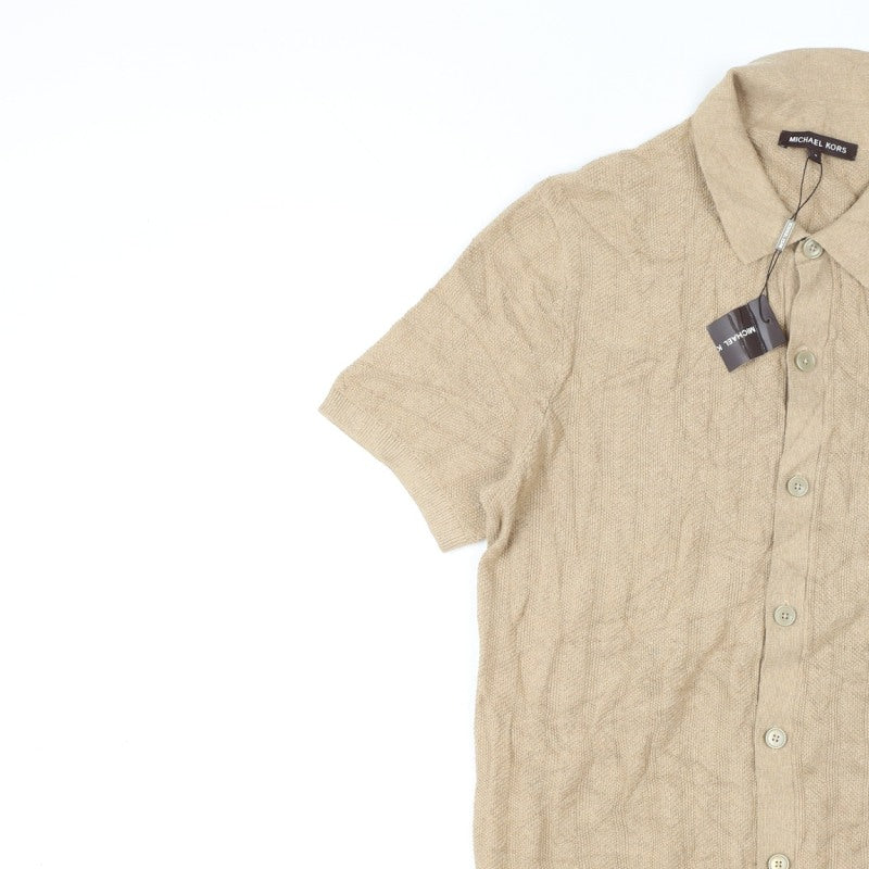 Michael Kors Men Beige M Short Sleeve Button Cardigan Cotton Silk Knit
