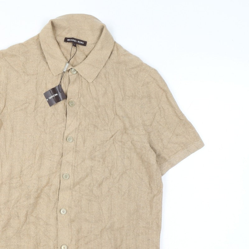 Michael Kors Men Beige M Short Sleeve Button Cardigan Cotton Silk Knit