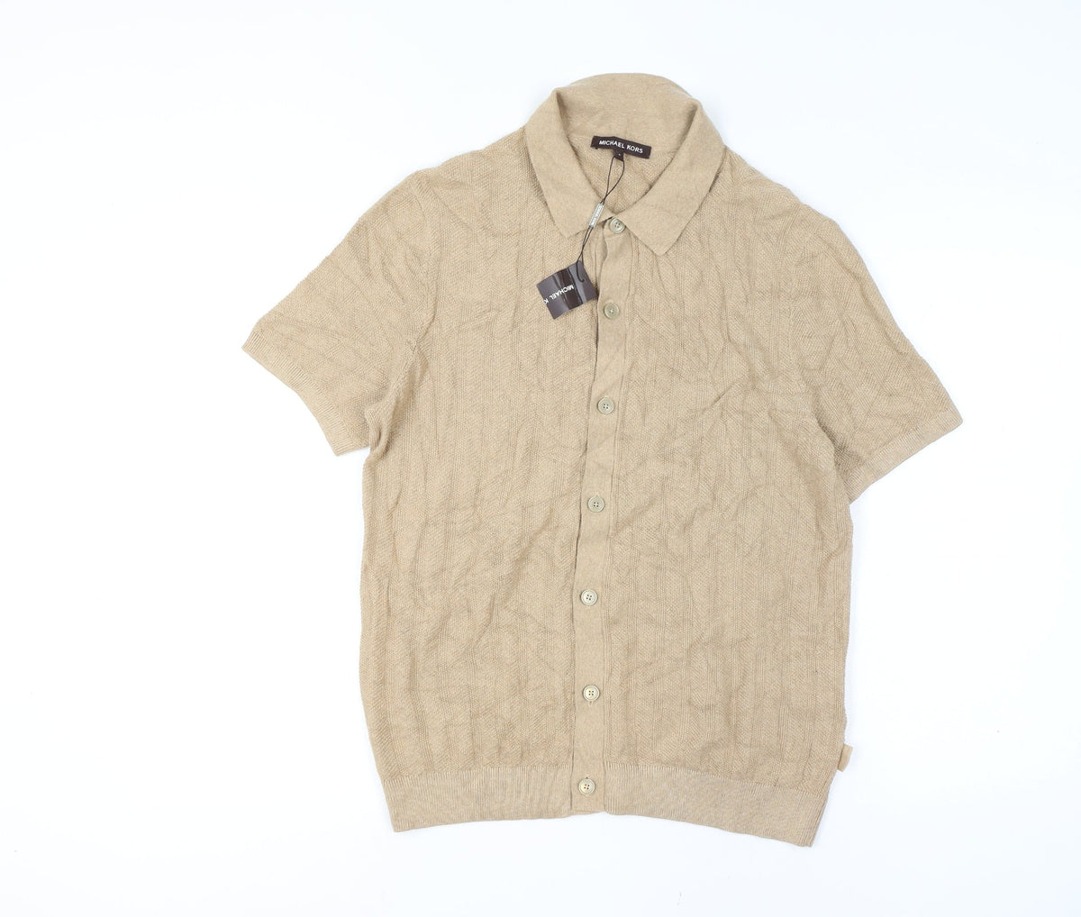 Michael Kors Men Beige M Short Sleeve Button Cardigan Cotton Silk Knit