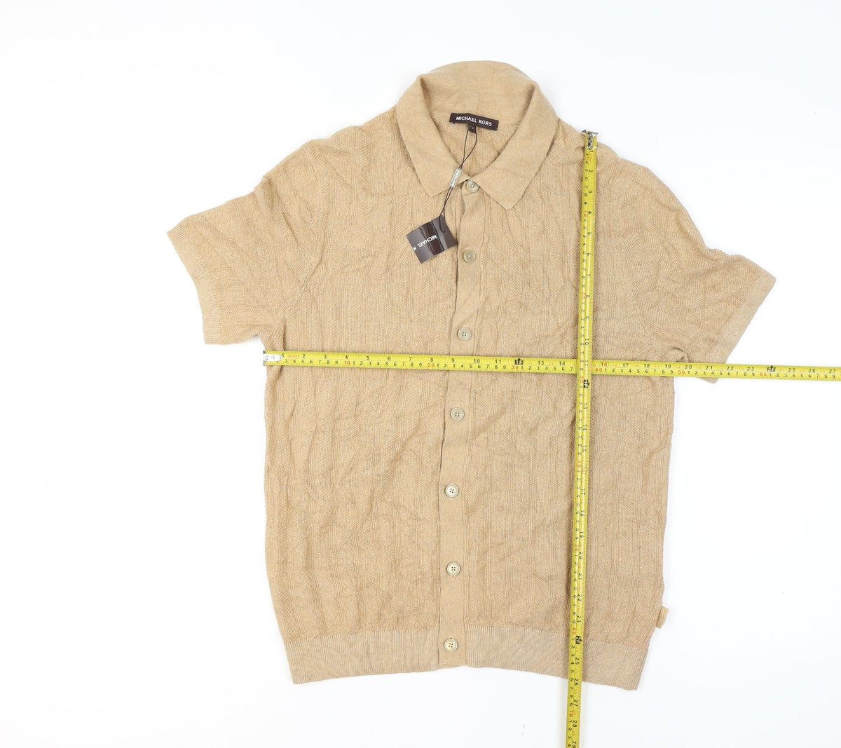 Michael Kors Men Beige M Short Sleeve Button Cardigan Cotton Silk Knit