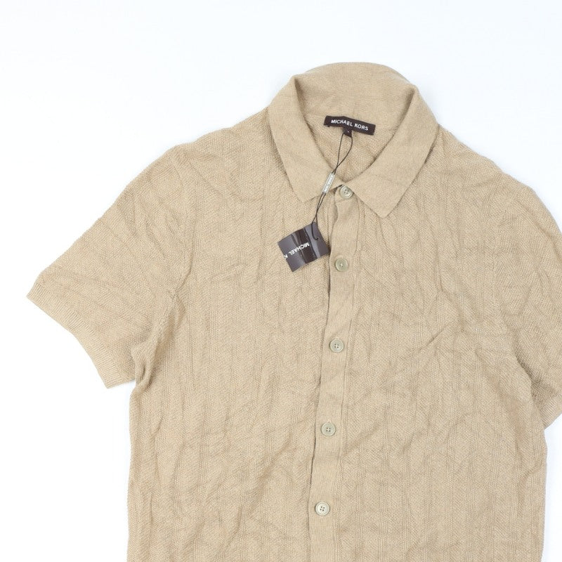 Michael Kors Men Beige M Short Sleeve Button Cardigan Cotton Silk Knit