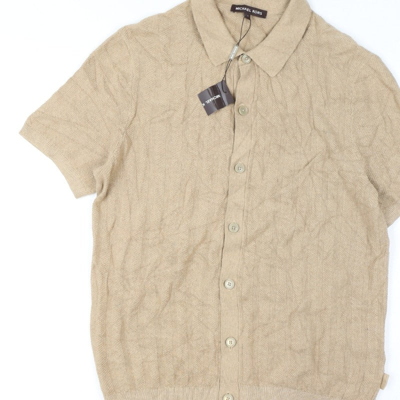 Michael Kors Men Beige M Short Sleeve Button Cardigan Cotton Silk Knit
