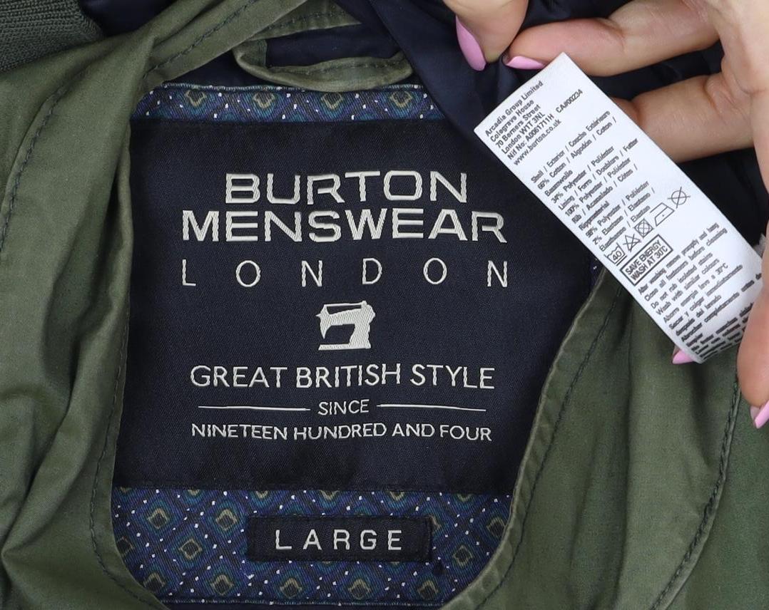 Burton Menswear Men Green L Bomber Jacket Full Zip Stand Collar