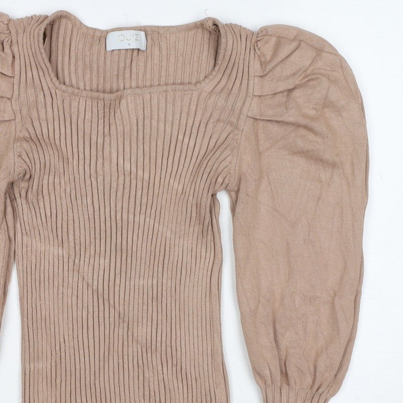 Quiz Women Brown L Ribbed Knit Square Neck Puff Sleeve Blouse