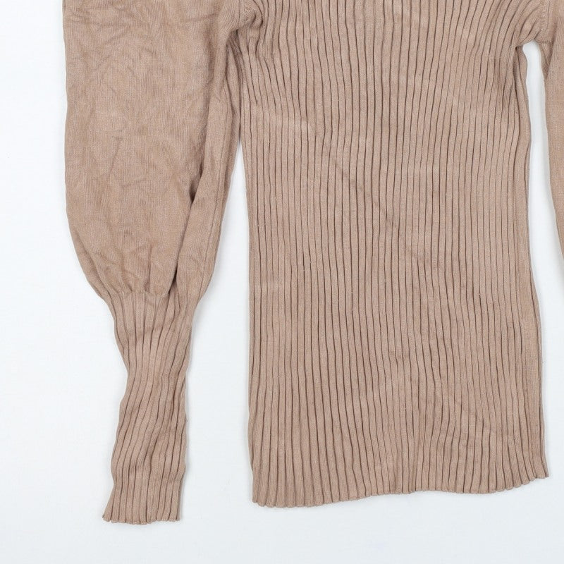 Quiz Women Brown L Ribbed Knit Square Neck Puff Sleeve Blouse