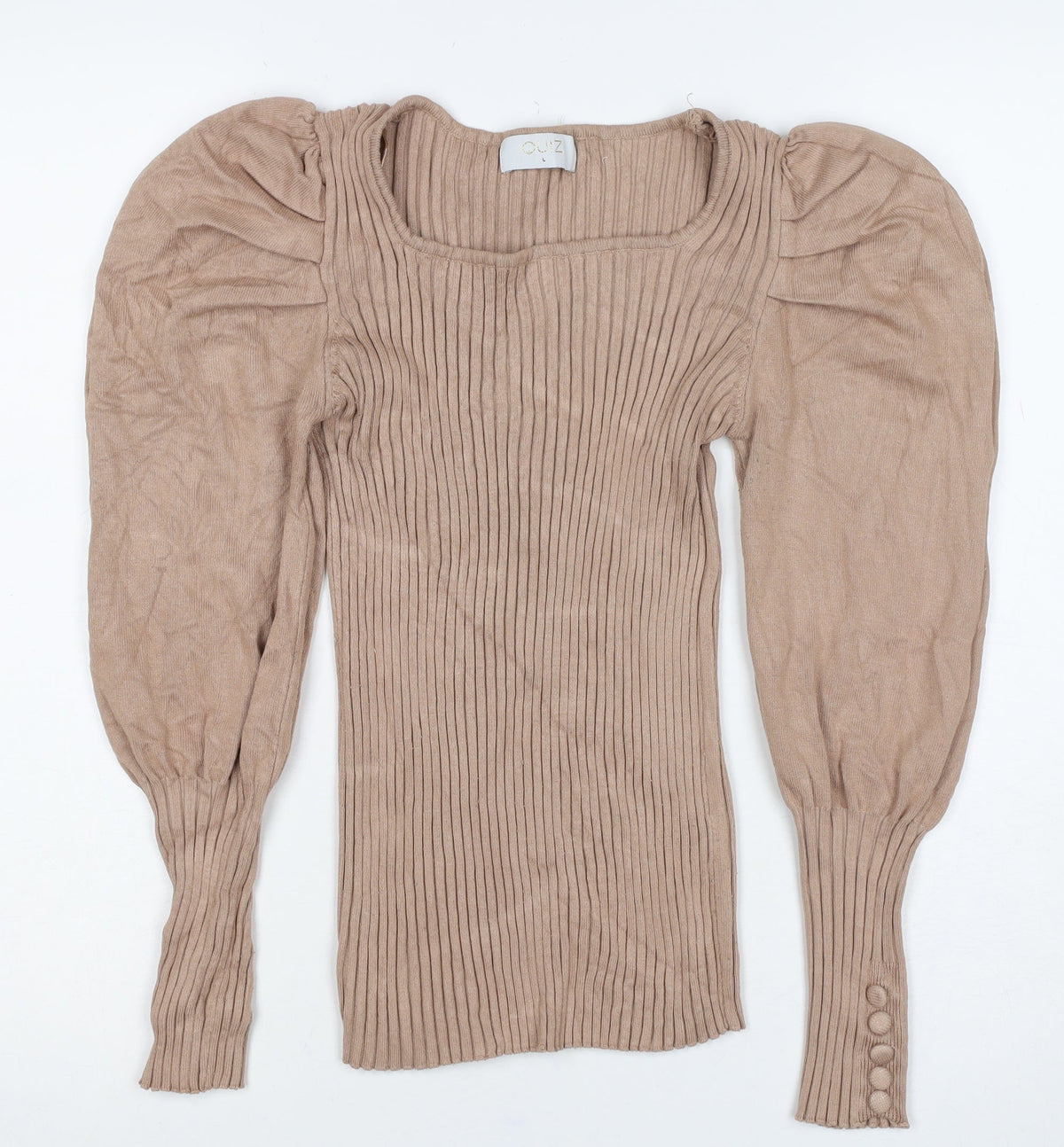 Quiz Women Brown L Ribbed Knit Square Neck Puff Sleeve Blouse