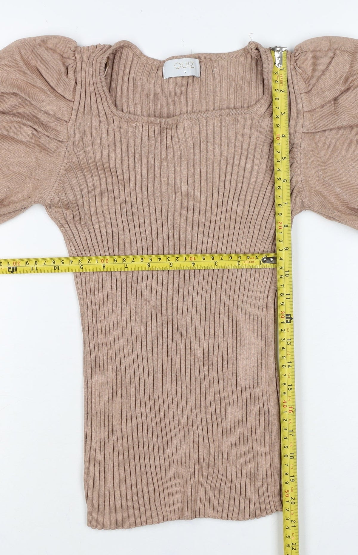 Quiz Women Brown L Ribbed Knit Square Neck Puff Sleeve Blouse