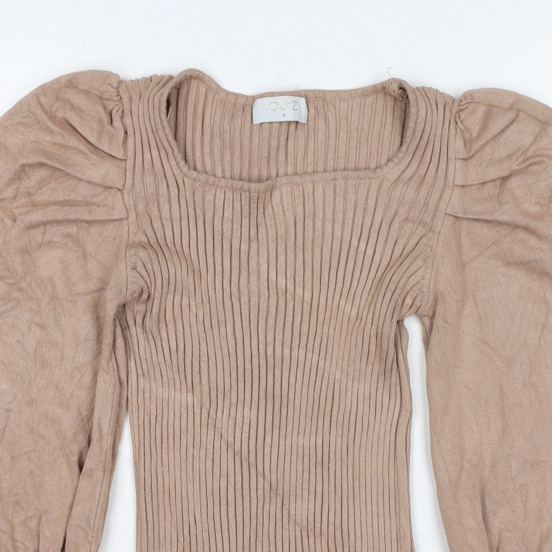 Quiz Women Brown L Ribbed Knit Square Neck Puff Sleeve Blouse